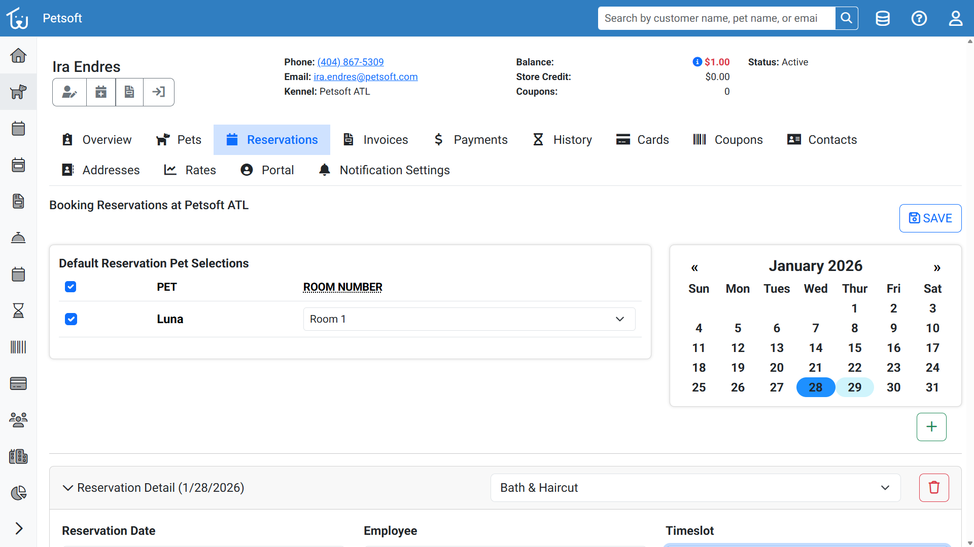 Preview of the Petsoft Emplopyee Reservation Booking Page