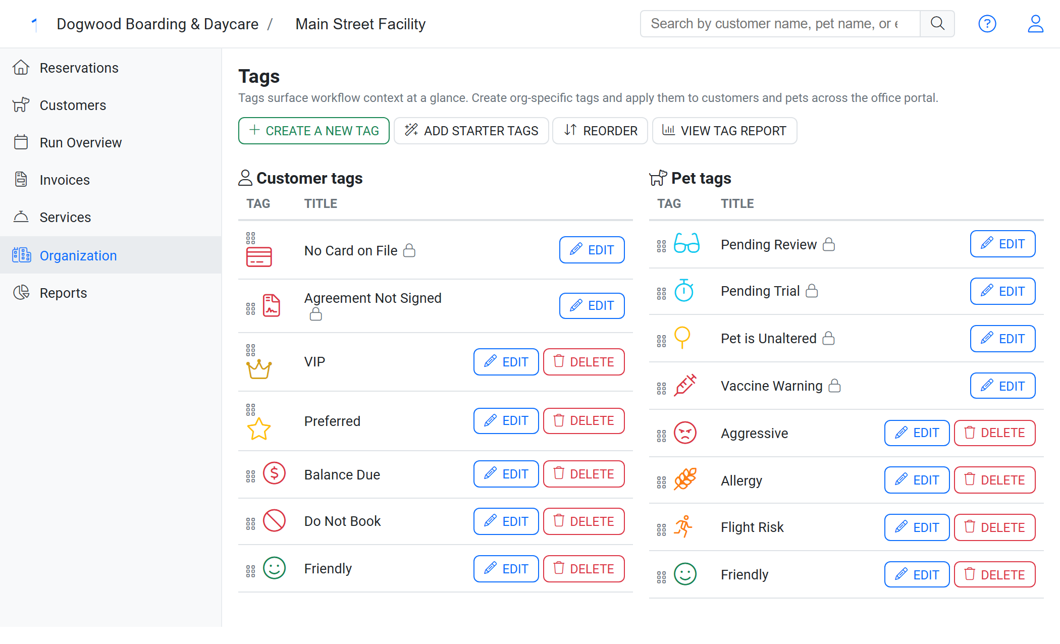 Tag management list with create and apply permissions